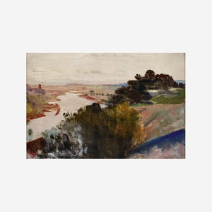 Puede incluir: Una pintura que representa un paisaje con un r&iacute;o sinuoso en primer plano, rodeado de &aacute;rboles y campos. El cielo es de un azul p&aacute;lido con toques de rosa y naranja. La pintura est&aacute; realizada en un estilo suelto e impresionista.