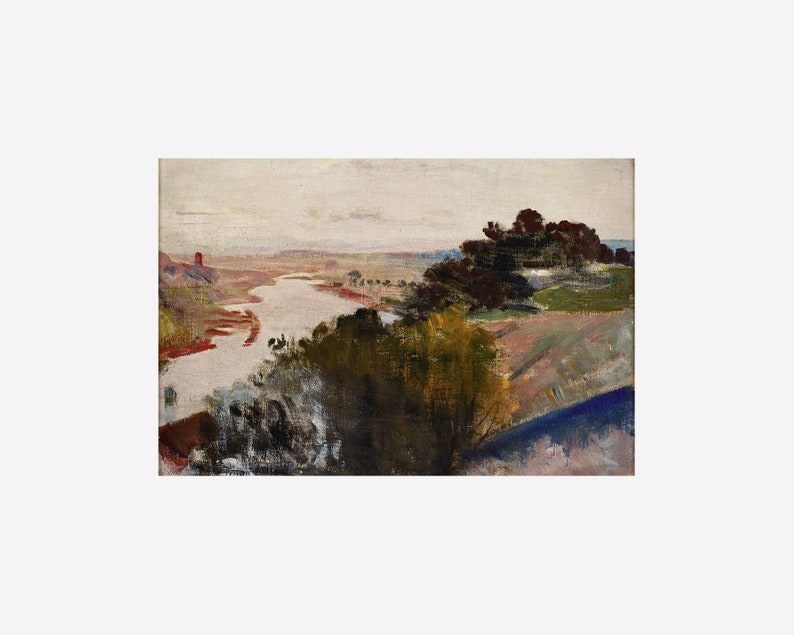 Puede incluir: Una pintura que representa un paisaje con un r&iacute;o sinuoso en primer plano, rodeado de &aacute;rboles y campos. El cielo es de un azul p&aacute;lido con toques de rosa y naranja. La pintura est&aacute; realizada en un estilo suelto e impresionista.