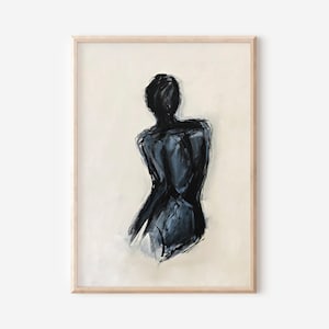 May include: Abstract art print featuring a black and gray figure, viewed from the back, against a cream-colored background. The artwork is framed in a light wood frame, adding a touch of elegance to the piece. The painting has a modern, minimalist aesthetic.