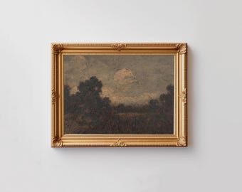 May include: A framed landscape painting depicting a dark, wooded scene with a cloudy sky. The painting is in a gold frame with ornate details.