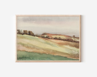 Vintage Meadow Landscape Painting | Watercolor Landscape Wall Art |  Digital Download Large Wall Art | Fine Art Gallery Wall Prints