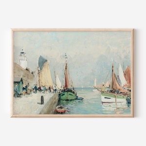 K&ouml;nnte beinhalten: Ein Aquarellgem&auml;lde, das eine Hafenszene mit mehreren Segelbooten zeigt, die an einem Pier festgemacht sind. Die Boote sind in verschiedenen Gr&uuml;nt&ouml;nen, Blau- und Rott&ouml;nen gehalten. Das Wasser ist hellblau und der Himmel ist hellblau mit wei&szlig;en Wolken. Es befinden sich Menschen auf dem Pier und ein kleines Geb&auml;ude im Hintergrund.