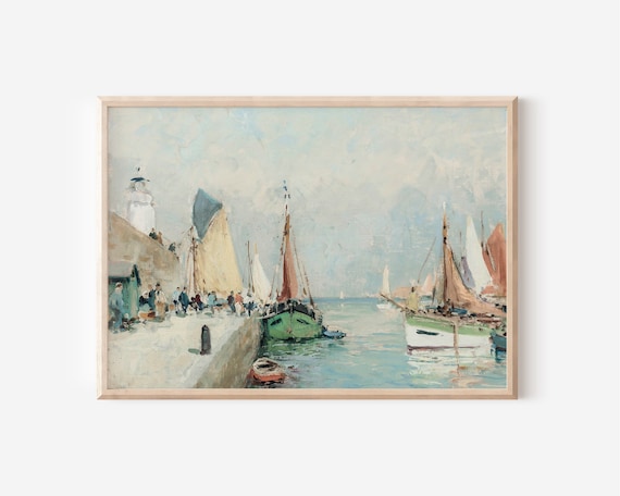 Antique Nautical Oil Painting | Sailboats Coastal Farmhouse Wall Art | Landscape Painting Printable Digital Downloads