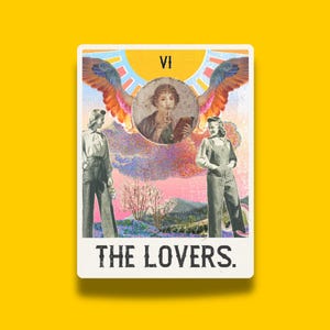 Los amantes / Pegatina de vinilo de 7 x 9 cm / Carta del tarot lésbico, collage fino, impresión sáfica, queer, gay, novia, regalo de bruja, decoración única original