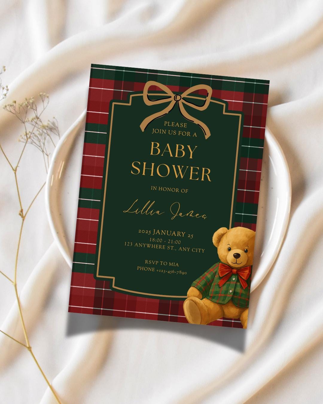 Plaid Teddy Bear Baby Shower Invitation | Preppy Theme | Ralph Lauren ...