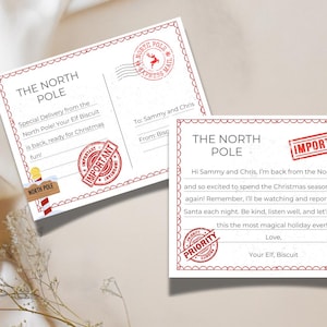 May include: Two Christmas-themed postcards with red and white borders. The postcards feature text that reads "The North Pole" and "Special Delivery." One postcard has a stamp that says "Important" and the other says "Priority."