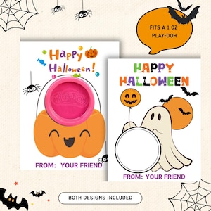 May include: Halloween-themed Play-Doh card designs. One card features a pumpkin with a Play-Doh container, the other a ghost with a pumpkin balloon. Text includes "Happy Halloween!" and "Fits a 1 oz Play-Doh". Both designs are included.
