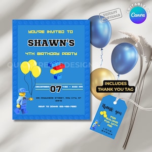 Invitación editable de ladrillo azul, invitación de maestro constructor: descarga instantánea