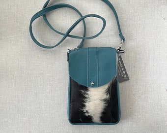 DAKOTA Teal Leather | Black and White Cowhide Crossbody Bag | Boho Small Purse Perfect for Concerts and Festivals | Exterior phone pocket