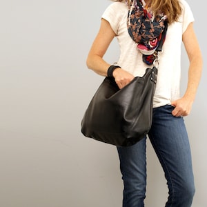 UMA crossbody leather bag with pockets and adjustable strap, Slouchy leather hobo bag, Womens large black leather boho purse, Handmade in NC