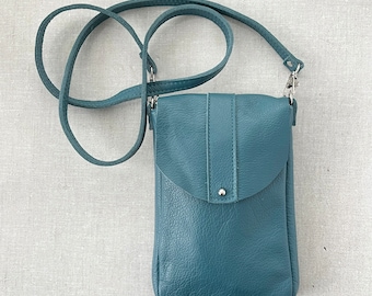 DAKOTA Leather Crossbody Bag | Small Leather Messenger Bag | Boho Festival Bag | Teal Leather Purse | Small Leather Bag with Back Pocket