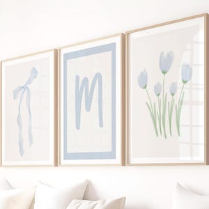 3er-Set Angepasste hellblaue Schleife Aquarell Wandkunst | Mädchen-Raum-Wand-Dekor | Teen Schlafzimmer Wandkunst | Ästhetische Kinder Schlafzimmer druckbare Kunst