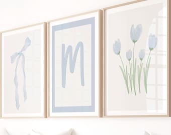 Personalized Dorm Wall Art Set of 3, Light Blue Bow, Custom Initial and Tulip Prints, Teen Girl Bedroom Decor, Printable Digital Download