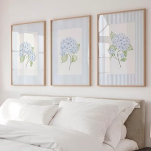 Set of 3 Blue and White Striped Hydrangea Digital Wall Art, Coastal Granddaughter, Vintage Grandmillenial Prints, Cottagecore, Gift for Her
