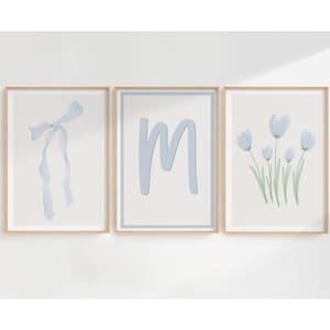 Set of 3 Customized Light Blue Bow Watercolor Wall Art | Girl Room Wall Decor | Teen Bedroom Wall Art | Aesthetic Kids Bedroom Printable Art