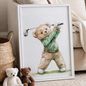 Boy Nursery Teddy Bear Golf Printable Wall Art | Sporting Nursery Wall Decor | Kids Room Golf Theme | Gift for Baby Shower Above Crib Decor