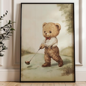 Vintage Boy Nursery Teddy Bear Golf Printable Wall Art | Sporting Nursery Wall Decor | Nostalgic Kids Room Golf Theme | Gift for Golf Lover