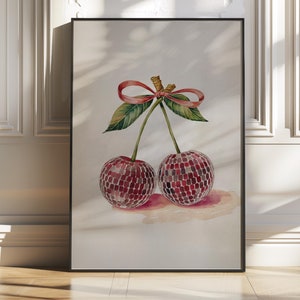 Disco Ball Cherries Wall Art | Disco Ball Wall Art | Disco Wall Art | Aesthetic Disco Ball | Disco Ball Print | Mirror Ball Poster | Preppy