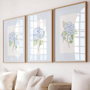 Set of 3 Blue and White Striped Hydrangea Digital Wall Art, Coastal Granddaughter, Vintage Grandmillenial Prints, Cottagecore, Gift for Her
