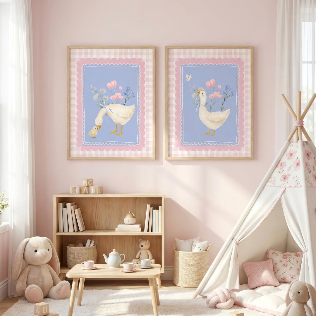 Silly Goose Vintage Pink Nursery Prints Set of 2, Girls Room Gingham ...