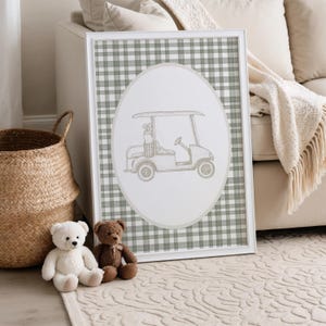 Golf Cart Boys Room Wall Decor | Vintage Golf Themed Nursery Decor | Gingham Custom Color Golf Printable Wall Art | Aesthetic Golf Decor