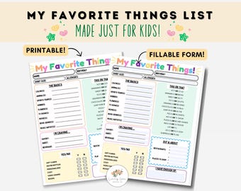 Fillable Form Kids Favorite Things List l Favorites List l Get To Know You l Secret Santa List l Get To Know Me l Kids All About Me l