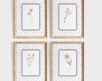 Floral Nursery Print Set of 4, Baby Girl Room Decor, Wildflower Wall Art, Botanical Nursery Print Set, Pink Purple Girl Room Wall Decor