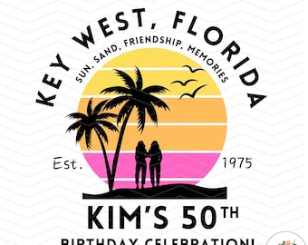 May include: A digital design featuring a Key West, Florida sunset scene with palm trees, silhouettes of people, and flying birds. Text includes "Key West, Florida," "Sun, Sand, Friendship, Memories," "Est. 1975," and "Kim's 50th Birthday Celebration!"