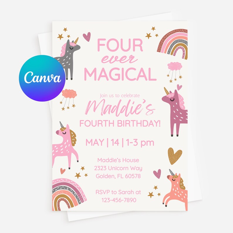 Editable Unicorn 4th Birthday Invitation, Four Ever Magical Invitation ...