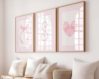 Set de 3 lazos rosas de moda para pared | Decoración para habitación coqueta | Decoración para habitación de niña | Inicial personalizada | Lazos de acuarela | Arte de pared con lazo rosa | Corazón