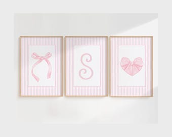Set de 3 lazos rosas de moda para pared | Decoración para habitación coqueta | Decoración para habitación de niña | Inicial personalizada | Lazos de acuarela | Arte de pared con lazo rosa | Corazón