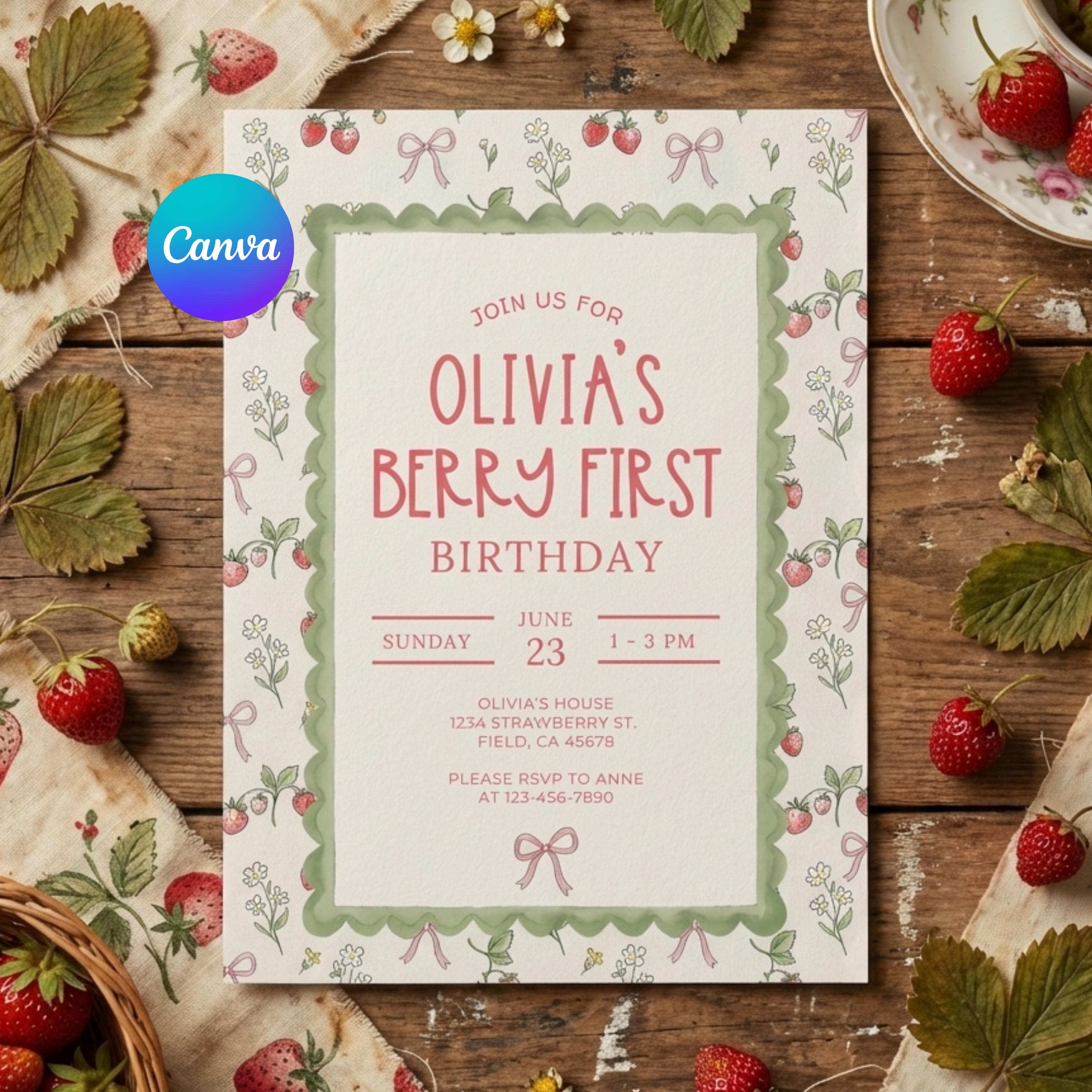 Editable Berry First Birthday Invitation Template, Strawberry 1st ...