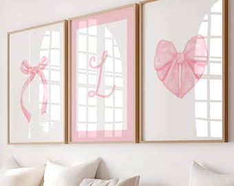 Set de 3 lazos rosas de moda para pared | Decoración para habitación coqueta | Decoración para habitación de niña | Inicial personalizada | Lazos de acuarela | Arte de pared con lazo rosa | Corazón