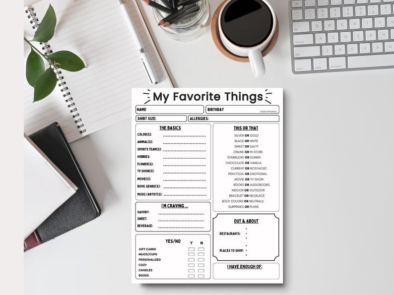 Editable and Instant Printable My Favorites Things List | Editable Gift ...
