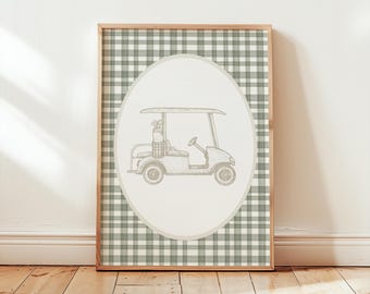 Golf Cart Boys Room Wall Decor | Vintage Golf Themed Nursery Decor | Gingham Custom Color Golf Printable Wall Art | Aesthetic Golf Decor
