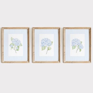 Set of 3 Blue and White Striped Hydrangea Digital Wall Art, Coastal Granddaughter, Vintage Grandmillenial Prints, Cottagecore, Gift for Her