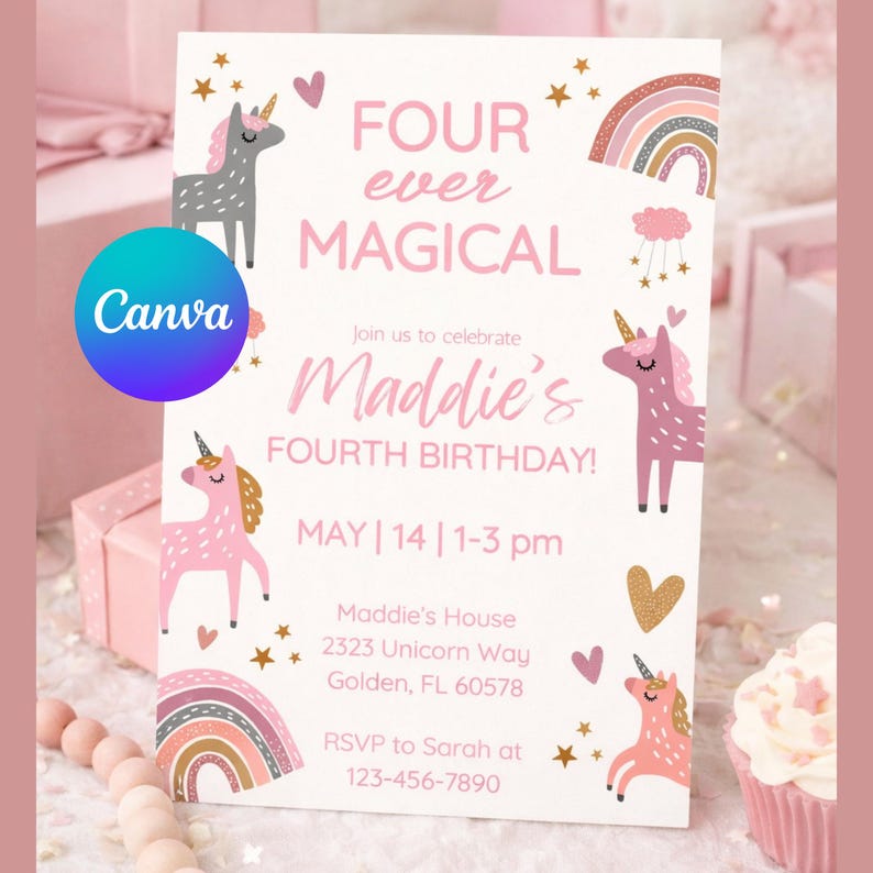 Editable Unicorn 4th Birthday Invitation, Four Ever Magical Invitation ...