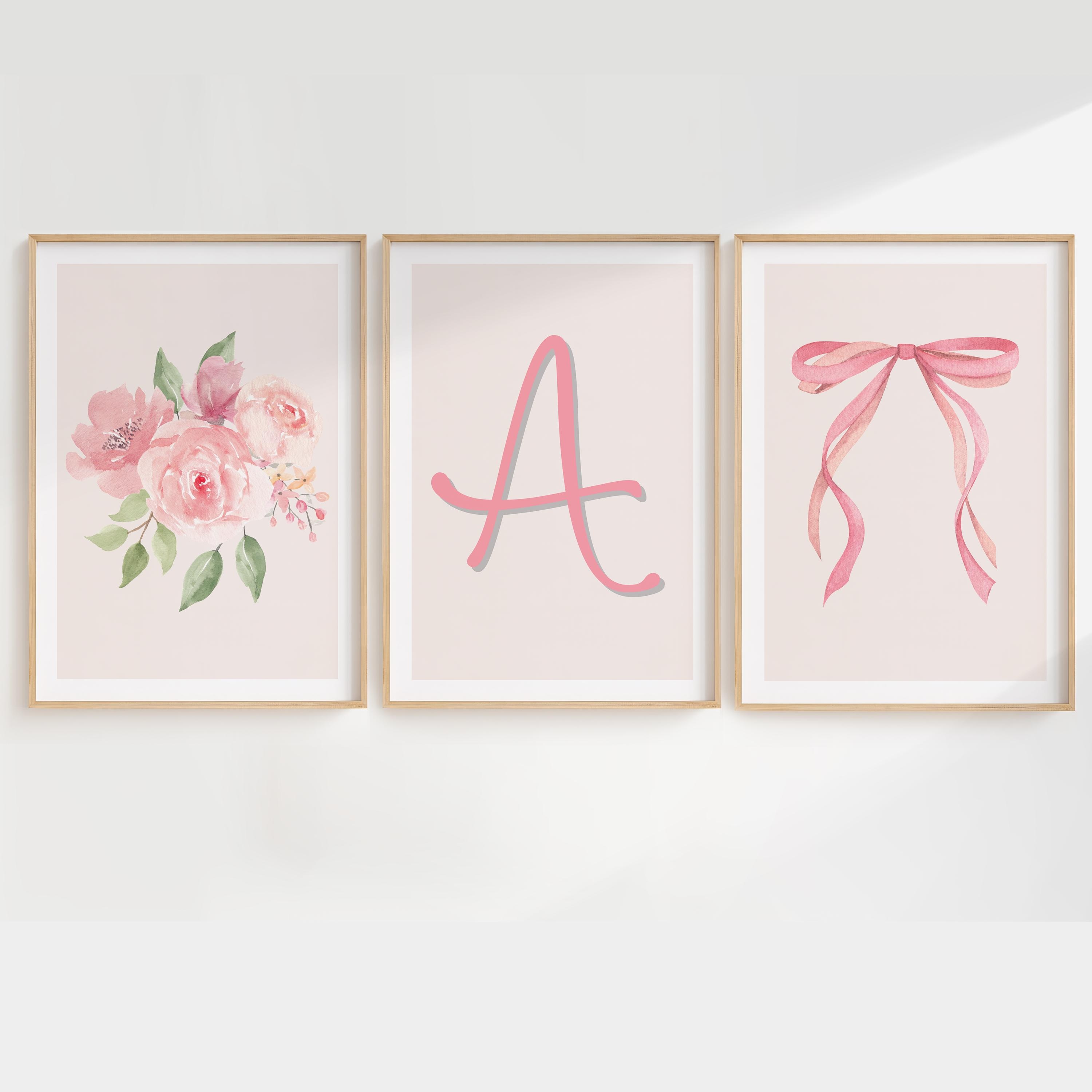 Set of 3 Customized Pink Bow Watercolor Wall Art Personalized Girl Dorm ...
