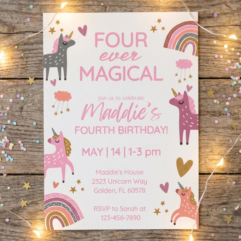 Editable Unicorn 4th Birthday Invitation, Four Ever Magical Invitation ...