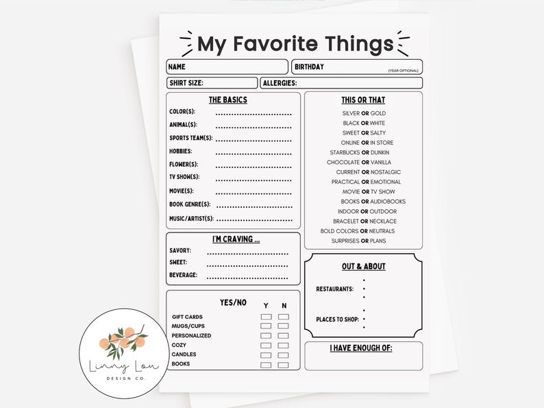 Editable and Instant Printable My Favorites Things List | Editable Gift ...