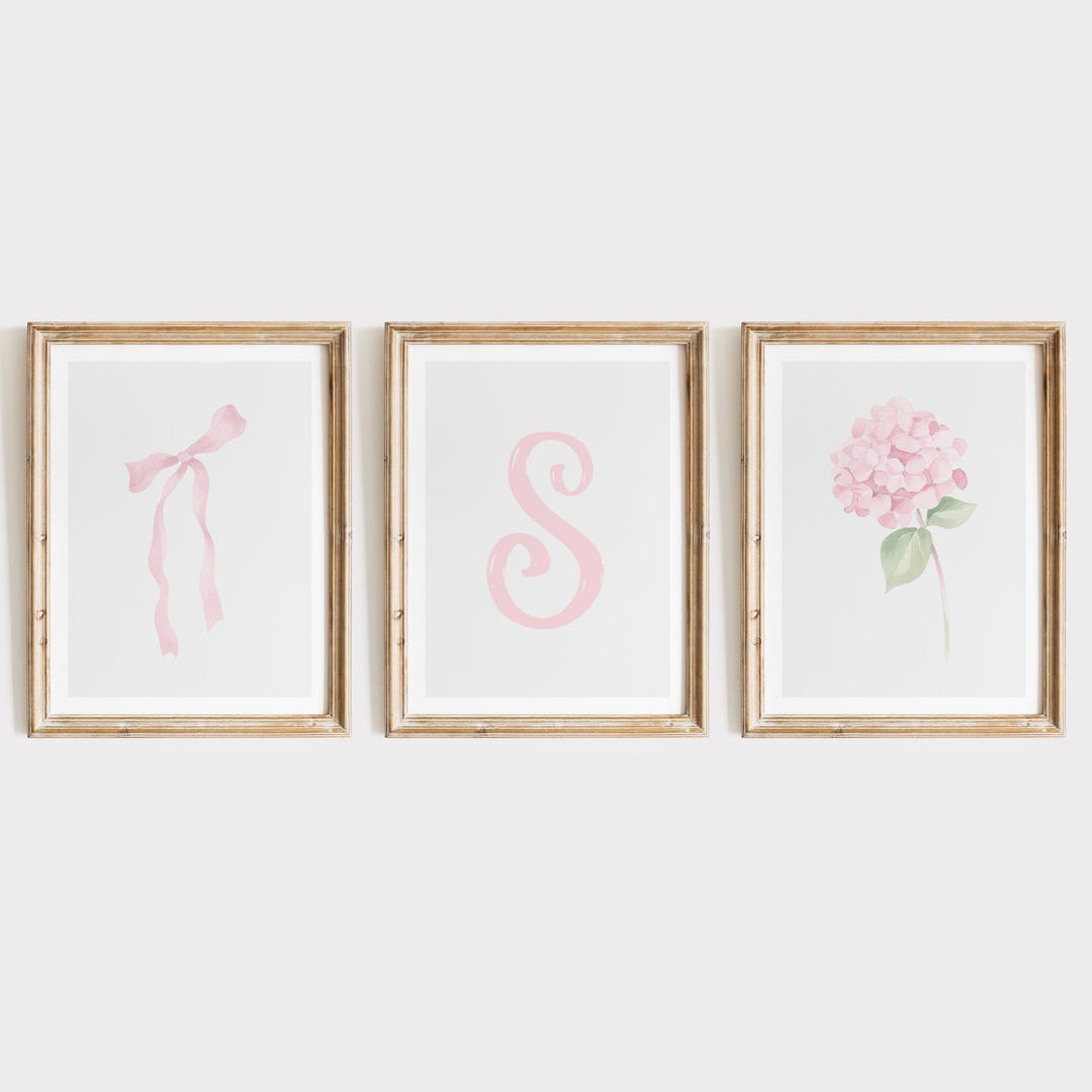 Set of 3 Customized Pink Hydrangea Watercolor Wall Art | Coquette Girl ...