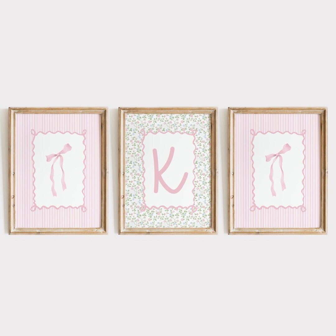 Custom Pink Initial Nursery Prints, Girl Bedroom Decor, Vintage Floral ...
