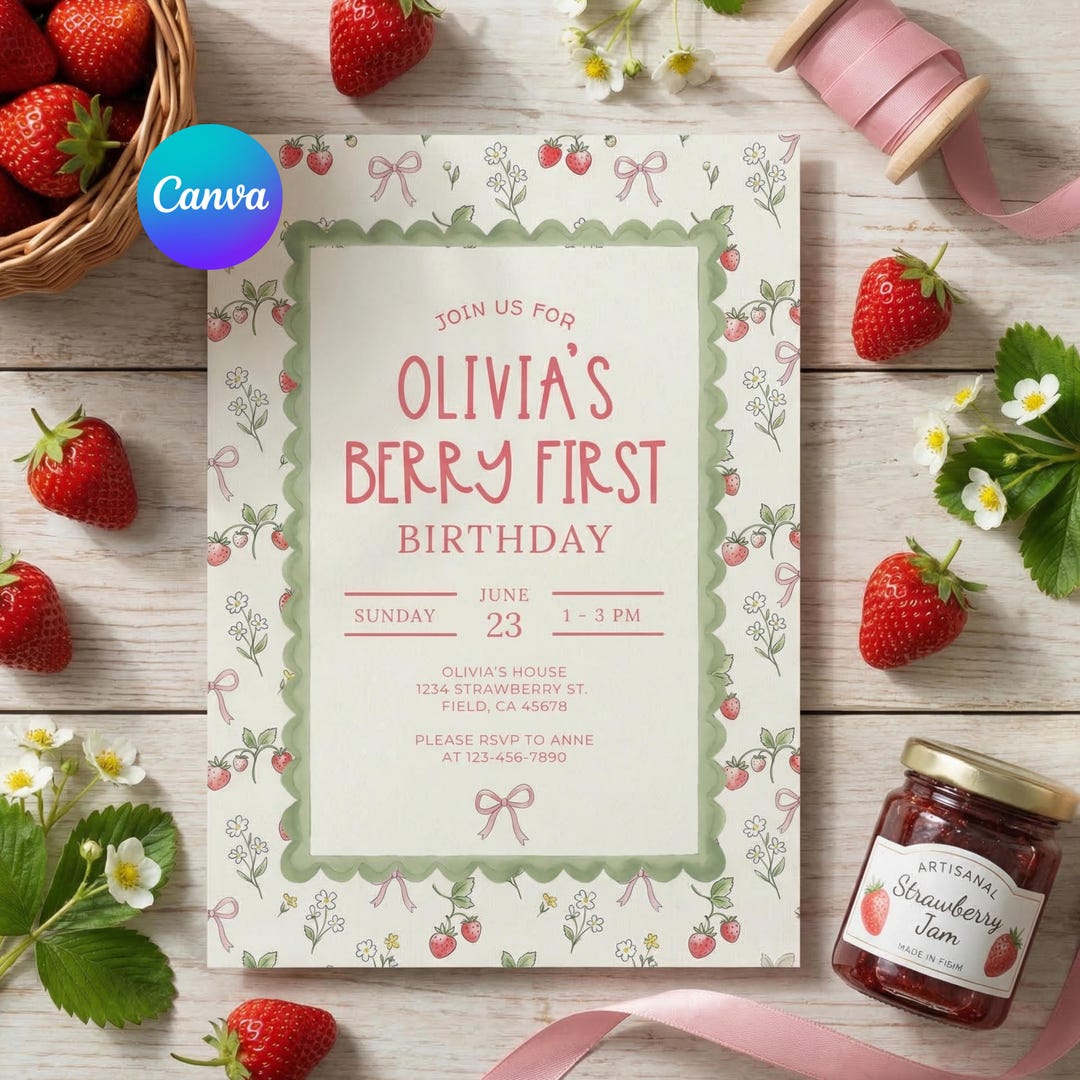 Editable Berry First Birthday Invitation Template, Strawberry 1st ...