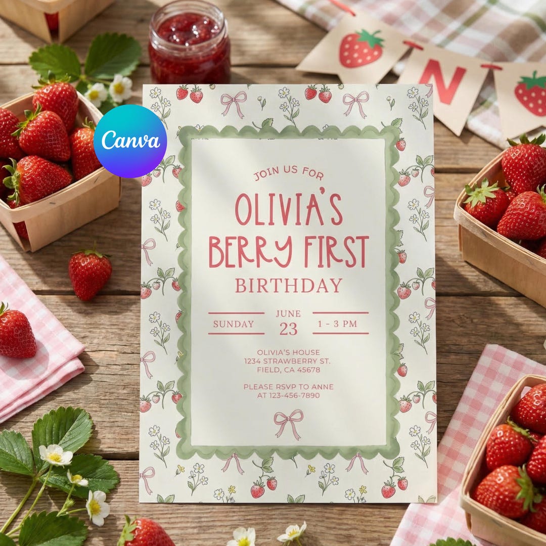 Editable Berry First Birthday Invitation Template, Strawberry 1st ...