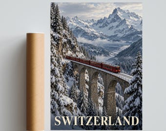Schweizisk reseposter, schweiziska alpernas vinterlandskap, röd tågviadukt, snöiga bergsväggkonst