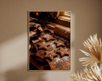 Christmas Kitchen Wall Art, Gingerbread Star Cookies Print, Rustic Winter Baking Poster
