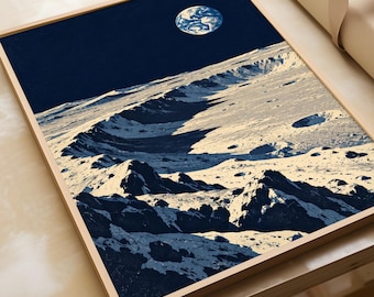 Vintage Lunar Landscape Poster, Earth Rising Over Moon Craters, Retro Screenprint Wall Art