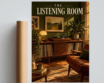 The Listening Room Vinyl Record Player Poster, Mid Century Music Wall Art, Retro Green Print