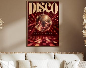 Retro Disco Ball Poster, 70s Music Wall Art, Burgundy Dance Floor Print (Physical Poster)