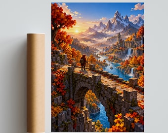 Voxel Sunset Valley Poster, Fantasy Castle and Mountain Landscape, Gaming Room Wall Art